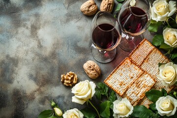 Passover Pesah celebration concept. Matzah, kosher red wine, walnut and white and yellow roses. Traditional ritual Jewish bread on sand color old tile wall background.generative ai