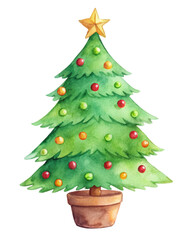 Wall Mural - Watercolor illustration of a Christmas tree in a pot, topped with a star and adorned with ornaments, ideal for festive holiday designs. Isolated on transparent background, png.