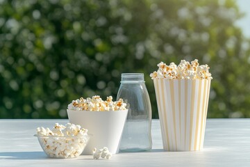 Wall Mural - A white table with three containers of popcorn, a glass bottle, and a glass. The containers are filled with fluffy popcorn, ready for a movie night. The green foliage in the background adds a natural 