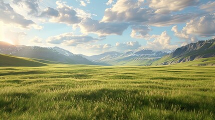 Top view of a lush green valley on a summer sunny day. Panoramic view with mountain ranges on the horizon. Nature background. Illustration for cover, card, postcard, interior design, decor or print.