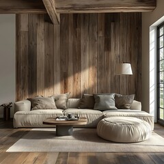 Loft interior design of modern living room with barn wood paneling wall