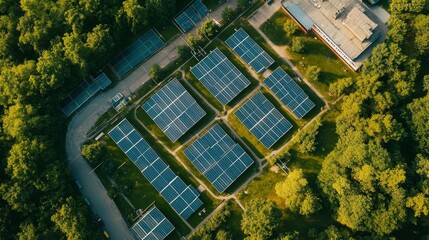 Wall Mural - An aerial view of a military base surrounded by lush green trees with solar panels installed for sustainable energy generation. The image symbolizes environmental consciousness, renewable energy, and 