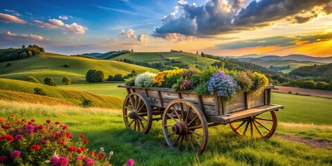 rustic hay wagon, adorned with wildflowers, sits beneath a sunny sky, surrounded by lush green field