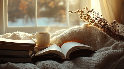 person enjoying a quiet afternoon of reading, with a cup of tea, a cozy blanket, and a stack of books, embodying relaxation