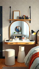 Wall Mural - a modern and stylish dressing table set. The centerpiece is a large, round mirror with a gold frame, hanging against a wall adorned with wood panels and vertical stripes. 