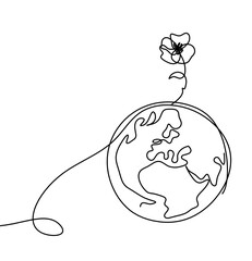 Wall Mural - Abstract flower with planet Earth as line drawing on white background