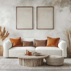 Rustic coffee table near white sofa with brown pillows against wall with two poster frames. Boho ethnic home interior design of modern living room