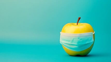 A yellow apple wearing a blue surgical mask on a blue background.