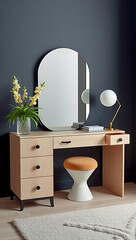 Wall Mural -  the vanity table, the oval mirror above it, the white color scheme, and the gold-toned lamp and makeup brush holder.