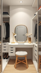 Wall Mural -  the vanity table, the oval mirror above it, the white color scheme, and the gold-toned lamp and makeup brush holder.