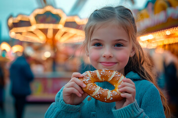 Smiling girl holding a pretzel at a carnival, with bright lights and a carousel in the background