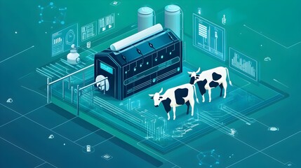 Poster - graphic depicting the of iot connected automated milking systems in modern dairy farm production sho