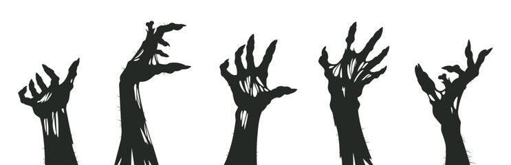 Zombie arms poster. Halloween monsters bony hands silhouettes, horror scrawny zombie hands flat vector illustration set. Cartoon spooky living dead creepy hands