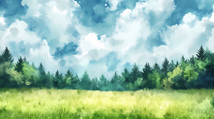 Wall Mural - Scenic summer green grass meadow, beautiful and enchanting pine forest glade - watercolor style fluffy clouds. tranquil and peaceful nature art. Forest. Illustration