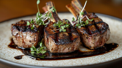 Poster - A luxurious presentation of lamb chops on a fine dining plate, garnished with microgreens and a balsamic reduction