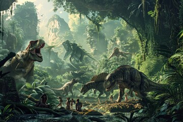 Wall Mural - A lifelike 3D model of a prehistoric landscape with roaming dinosaurs