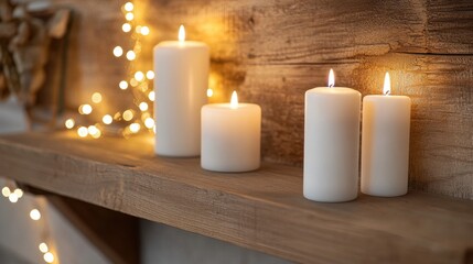 Wall Mural - modern minimalist interior with white candles and fairy lights on a wooden shelf for a cozy christmas vibe