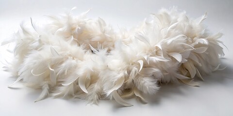 Softly flowing white feathers cascade down a luxurious boa, its delicate plumage spread wide, evoking glamour and sophistication against a subtle, muted background.