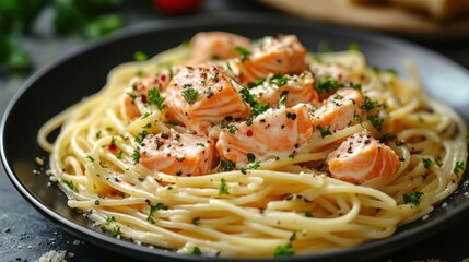 Wall Mural - enjoy a feast with this delectably prepared salmon pasta, a treat for food enthusiasts a visual delight for the palate