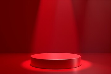 Minimal red podium for christmas product display. Color round pedestal placed on studio floor. 3D shaded, light from top. Red Spot Light in background 