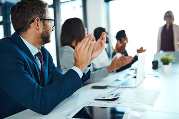 Poster - Meeting, presentation and business people in office with applause for success, proposal or ideas. Celebration, men and women in conference room with praise for achievement, pitch or planning seminar