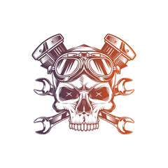 Skull wearing motorcycle goggles against a background of wrenches and an engine. Original vector illustration in vintage style isolated on white background. T-shirt design.