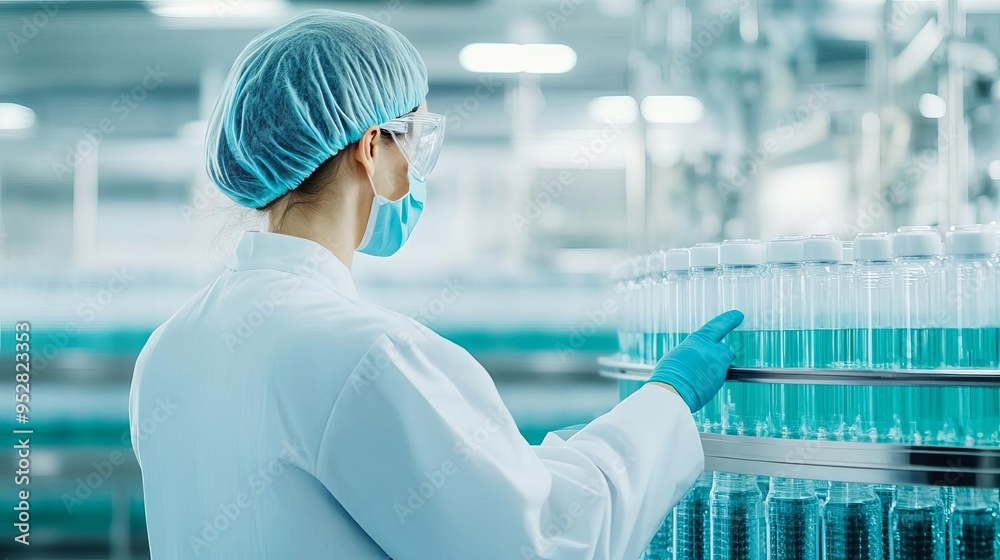 Biopharmaceutical engineer scaling up cell cultures in large bioreactors, mass production, therapeutic yield