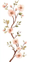 Poster - elegant watercolor illustration of a blooming branch with delicate pink flowers and green leaves on 