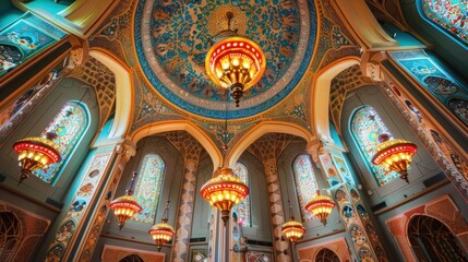 Interior view of a mosque with vibrant stained glass, ornate chandeliers, and intricate blue and gold ceiling designs.