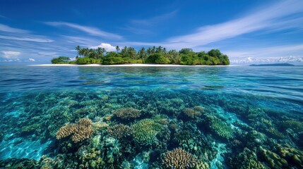 Wall Mural - Tropical Island Paradise with Underwater Coral Reef