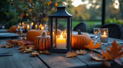 Wall Mural - thanksgiving tablescape, a rustic thanksgiving table adorned with pumpkin lanterns, candles, and autumn leaves creates a cozy autumnal atmosphere amidst a blurred countryside setting