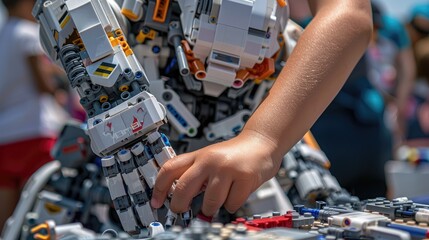 A detailed view of a child's hands manipulating multicolor building blocks to assemble a robot, emphasizing the complexity of the construction set during a classroom lesson.