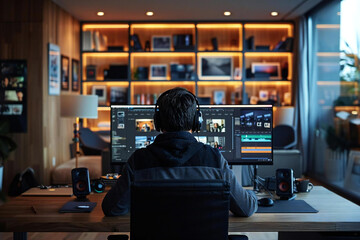 Aufkleber - designer working on editing photos on a computer in a modern office setting.