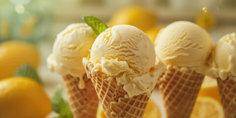 Wall Mural - Refreshing lemon flavored ice cream scoops served in crispy waffle cones