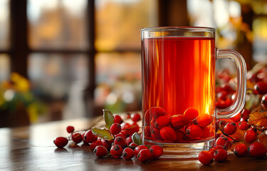 Wall Mural - A mug of tea with berries on top of a table. Scene is warm and inviting