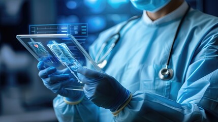 a close-up of a doctor's gloved hands using a futuristic tablet with a virtual display of patient da