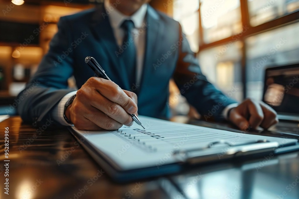 close-up shot of a businessman's hand marking off items on a checklist ...