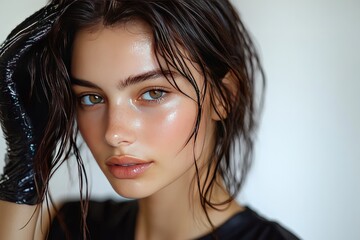 Wall Mural - A close up portrait of a young woman with wet hair.