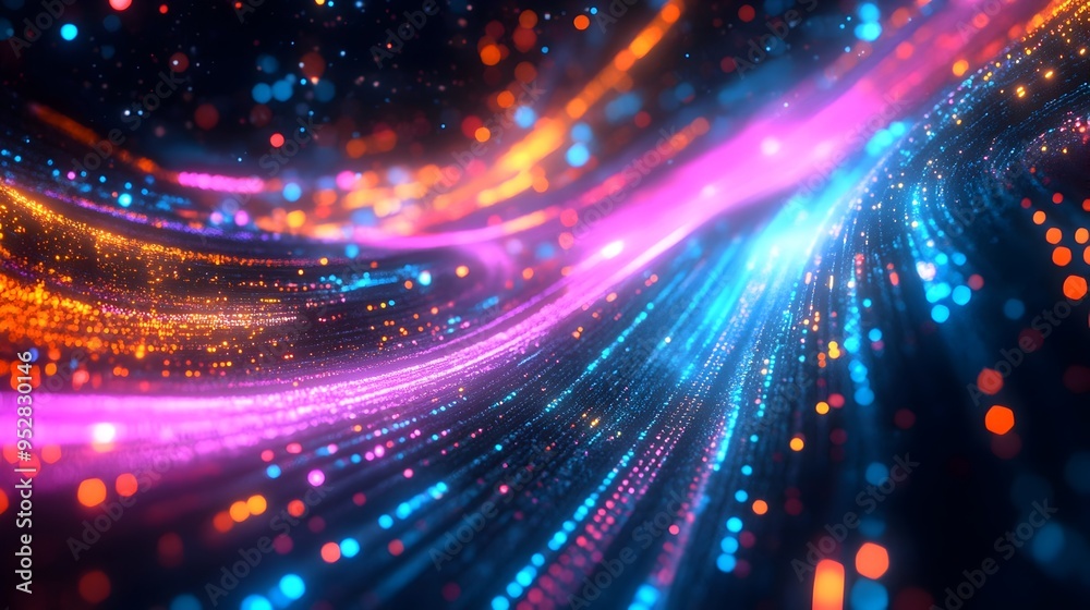 Vibrant Digital Data Stream Flowing Through a Virtual Space in 3D Render