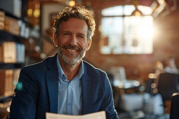 Close-up shot of a smiling businessman holding a cheque in his office.