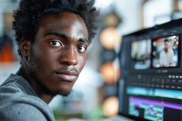 Leinwandbilder - close-up shot of a young African American male editor focused on editing a video on his computer in a sleek and modern office space.