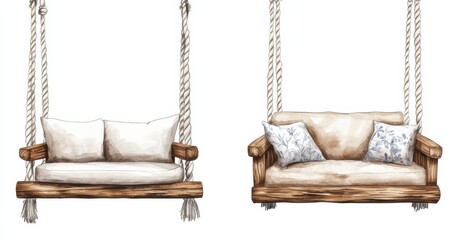 watercolor hanging wooden swing with cushions and sofa isolated on white background, vintage style