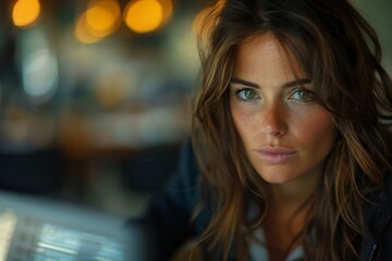 Poster - close-up shot of a brunette woman in a sleek office attire, intent on calculating invoices on a computer screen.