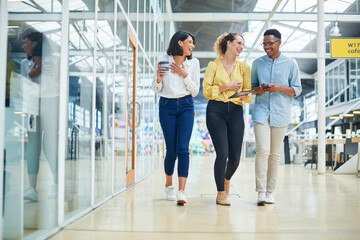 Poster - Walking, discussion and business people in office laughing, bonding and talking on lunch break. Happy, friends and group of creative directors with coffee, tablet and phone in workplace together.