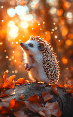 Poster - A white hedgehog is sitting on a log covered in autumn leaves. The photo has a warm, cozy feeling, with the bright orange leaves and the cute little hedgehog