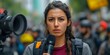 © Loki Studio - Determined female journalist reporting during a protest with police in the background