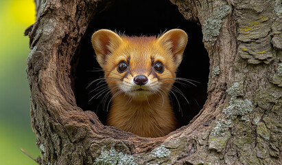 Wall Mural - A small animal is peeking out of a hole in a tree. The animal is brown and has a curious expression on its face