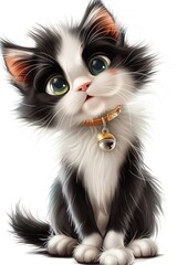 Wall Mural - Cute small kitten in a cartoon style, showcasing its black and white shorthair fur, set against a plain white background for a charming effect.