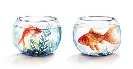 Wall Mural - Watercolor illustration of two fishbowl aquariums with goldfish on a white background