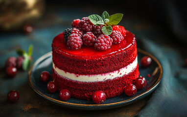 Wall Mural - A red velvet cake with raspberries on top. The cake is sitting on a plate with a blue background